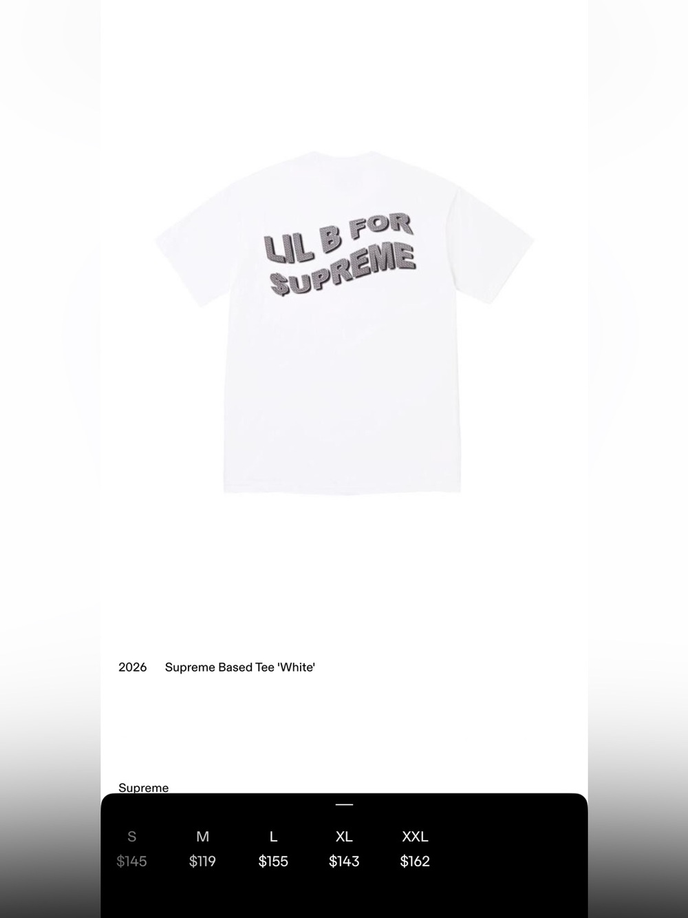 Supreme White sz 2 xl Graphic Tee with Gray 'LIL B FOR $UPREME' Back Print